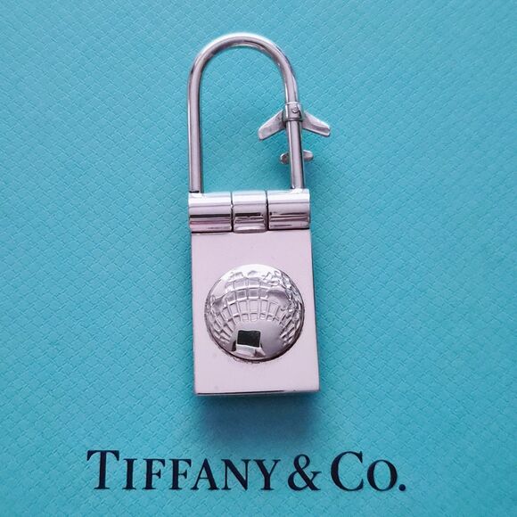 RARE Tiffany & Co. Sterling Silver Globe & Airplane Travel Lock Key Ring - Picture 4 of 11